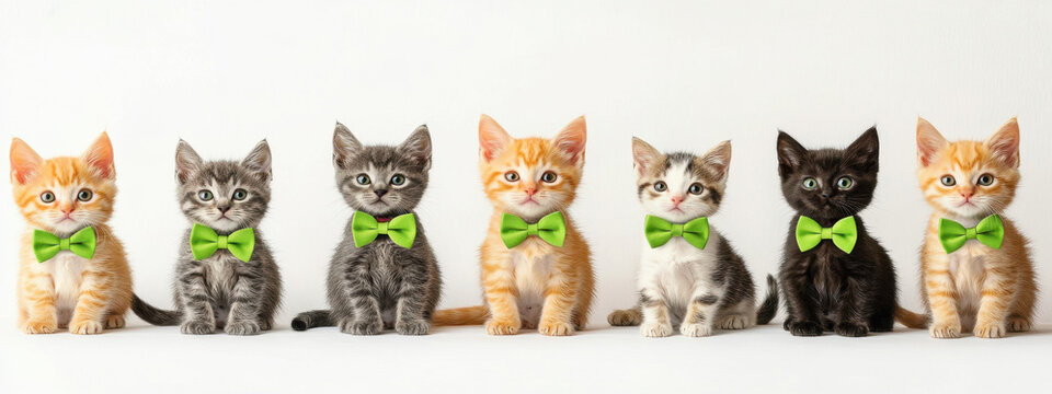 A charming lineup of eight kittens wearing bright green bow ties, sitting together against a white background. Their playful and curious expressions add to the delightful scene.
