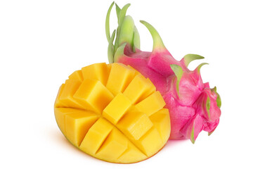 slice of mango and a whole dragon fruit on an isolated white background.