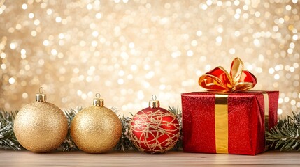 Christmas Festive Decor, Gold and Red Ornaments with Gift