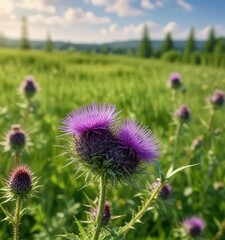 Vibrant wild wooly thistle flower against green backdrop of spring field, colorful, bold