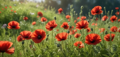 Fototapeta premium Vibrant red poppies blooming in a lush summer meadow, red, vibrant, nature