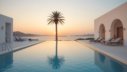 Fototapeta premium A stunning infinity pool overlooking the ocean at sunset, framed by modern architecture and palm trees. A serene tropical retreat for relaxation and luxury travel inspiration.