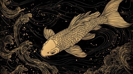 Elegant Koi Fish in Golden Waves: A Masterpiece of Artistic Expression