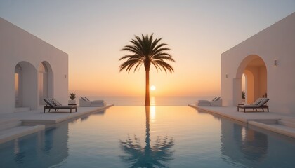 A stunning infinity pool overlooking the ocean at sunset, framed by modern architecture and palm trees. A serene tropical retreat for relaxation and luxury travel inspiration.