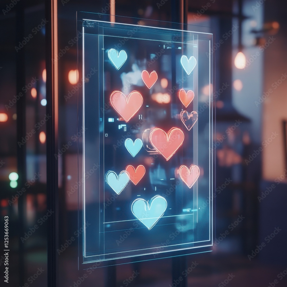 Poster digital display with glowing hearts in cafe at nighttime environment displaying visual effects using