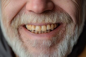 Close-up of lower face of smiling senior man with white mustache and yellow teeth