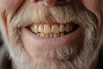 Close-up of a smiling senior man with a white mustache revealing yellowed teeth