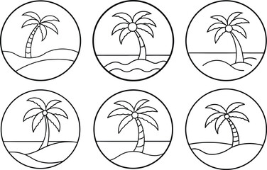 outline, of, a, palm, tree, and, beach, in, circle,