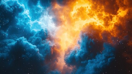 Vibrant Cosmic Nebula with Orange and Blue Clouds Illuminating the Night Sky