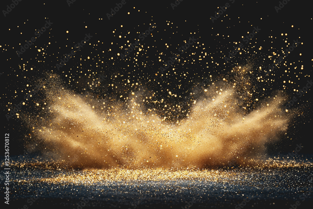 Poster gold dust explosion on black background creating stunning visual effects and patterns in motion