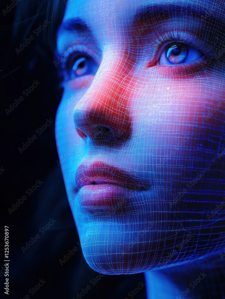 Poster a woman's face with a grid of grids applied on top of it. concept of cosmetic procedures. digital fa