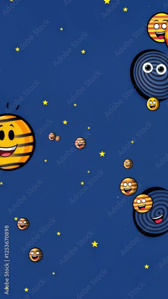 Aufkleber A blue background with a smiling sun and a smiling moon. There are many smiling faces in the sky