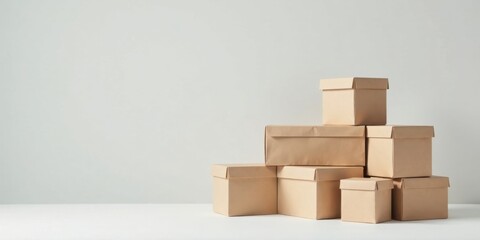 A Stack of Simple Cardboard Boxes on a White Surface Against a Light Grey Background, Ready for Packaging and Shipping