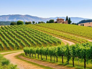 Tuscan landscape featuring a rolling vineyard with a rustic villa in the background, scenic, agriculture