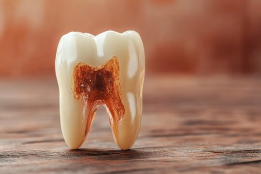 Close-up of a decaying tooth model illustrating internal damage, emphasizing dental health and hygiene