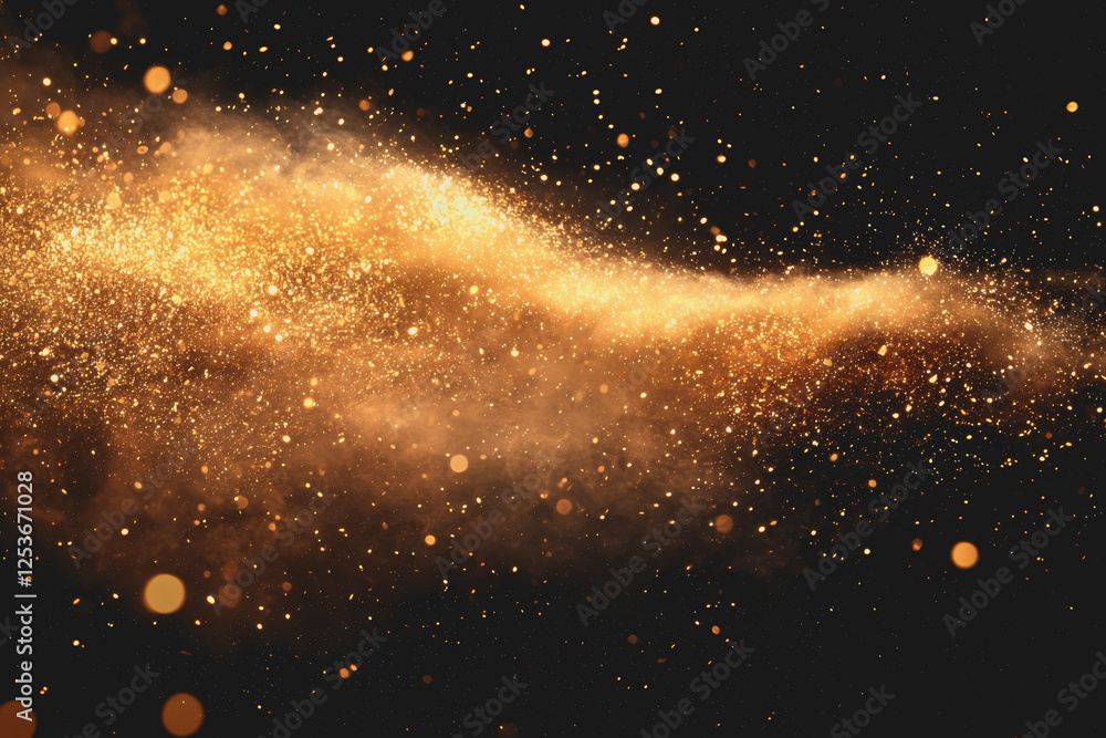 Poster gold dust explosion creating dramatic effects in air with sparkling glitter particles and shimmering