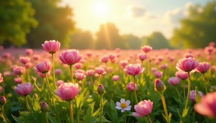 Obraz premium Soft pink ranunculus field with lush greenery and a warm sunny sky, springtime, flowers, nature photography