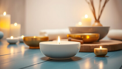Warm candlelight setup with golden brass bowls, peaceful spa and wellness atmosphere, relaxation and aromatherapy background for meditation