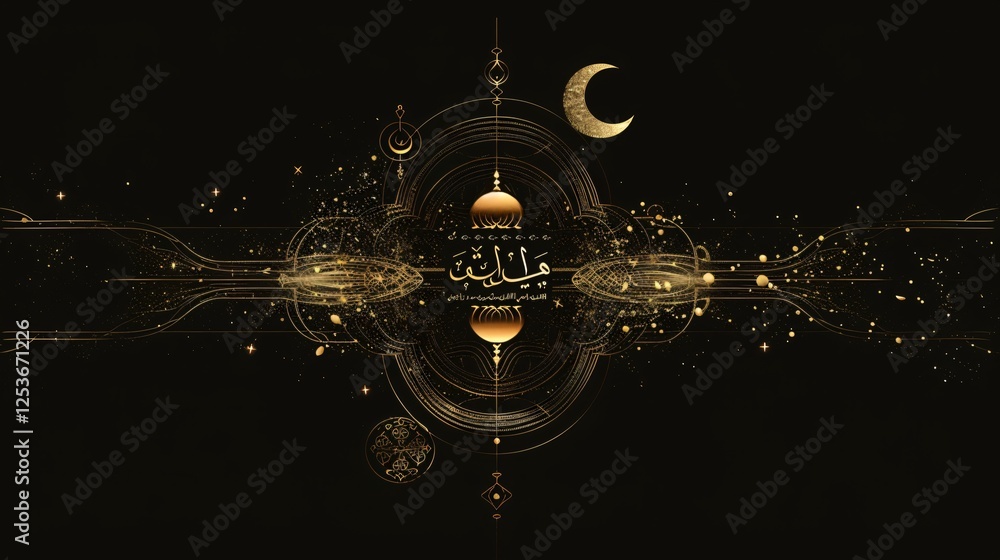 Poster elegant golden arabic calligraphy design with celestial elements and geometric patterns