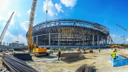 A panoramic view of a construction crew assembling steel frames for a stadium construction project, Stadium construction scene, Steel frame assembly style