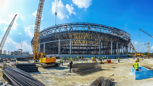 A panoramic view of a construction crew assembling steel frames for a stadium construction project, Stadium construction scene, Steel frame assembly style