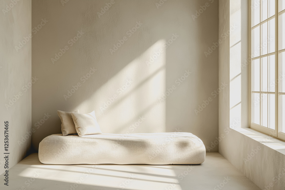 Poster white couch positioned in front of a large window with natural light streaming in