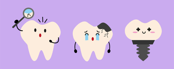 Cute dental Set with Tooth with Magnifying Glass and Crack, Sad Cavities Tooth and Tooth Implant. Children Cartoon Illustration