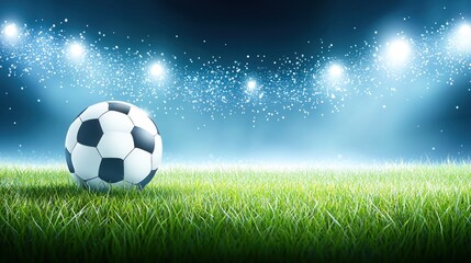 Naklejka premium Soccer ball on grass, stadium lights, night game, sports background, graphic design