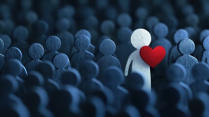 Unique Figure Holding Heart Among Crowd of Shadows and Silhouettes