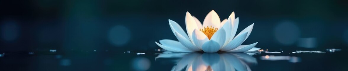 Fototapeta premium Delicate white petals unfurl against a midnight sky as they float on the surface of a calm lake, white orchid, serenity, calmness