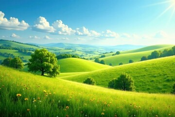 Serene Rolling Hills Landscape with Lush Green Meadows and Scattered Trees Under a Sunny Sky