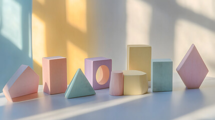 Colorful wooden geometric shape puzzles arranged on table, showcasing various shapes like cubes, spheres, and pyramids. soft pastel colors create calming atmosphere