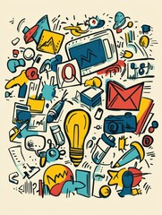 Digital marketing conceptual doodles filled with colors, symbols, and various elements representing different aspects of marketing and advertising.