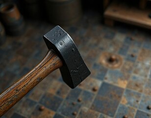 Wooden handle on heavy iron blacksmithing hammer, metalworking, rustic decoration