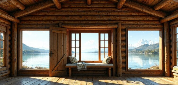 Fototapeta Wooden cabin with a large wooden door and a window seat overlooking the lake , door, cabin
