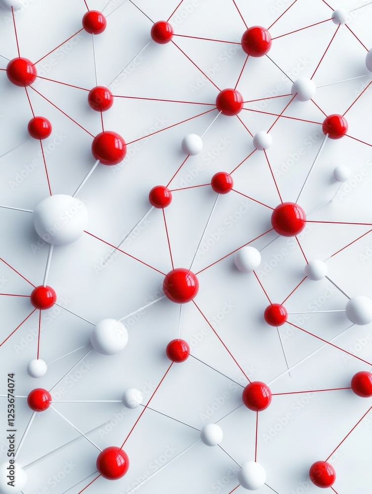 Poster network and connection concept with red and white dots on white laconic background