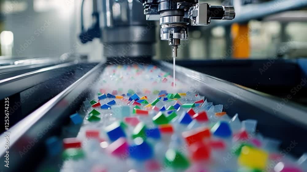 Poster inside a modern factory, a robotic arm efficiently washes colorful plastic components submerged in a