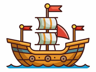Pirate Ship Illustration - Cartoon Sailing Ship at Sea, Vector Graphic