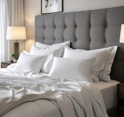 White silk pillows arranged neatly over a plush grey headboard in a contemporary hotel room setting, sleek, refined, minimalist, monochromatic
