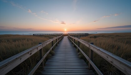 Obraz premium A peaceful wooden boardwalk leading through lush coastal dunes to the ocean, with a stunning sunset sky. Perfect for travel, relaxation, and nature themes.