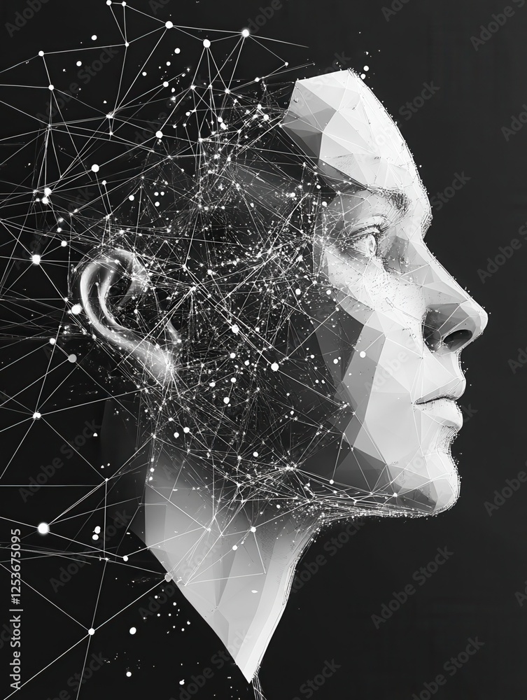 Poster artificial intelligence illustration. abstract polygonal space. triangles with connecting dots and l