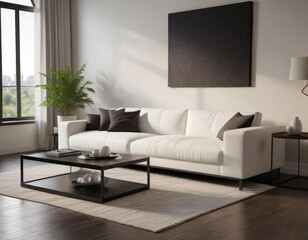 White couch and dark coffee table in contemporary home setting, cozy, contemporary, elegant