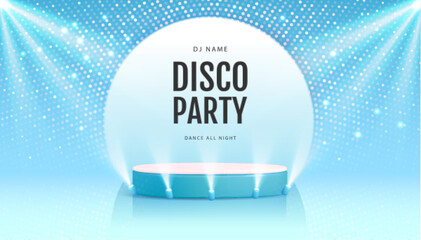 Disco party showcase blue background with 3d podium, disco ball sequin glitter texture and spot light beams. Vector illustration