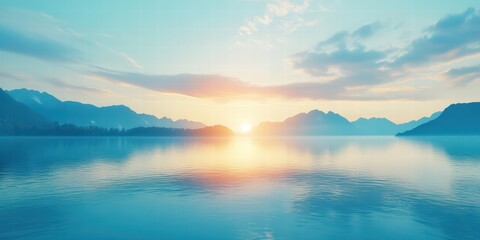 Fototapeta premium Serene Sunrise Over Tranquil Lake Surrounded by Majestic Mountains