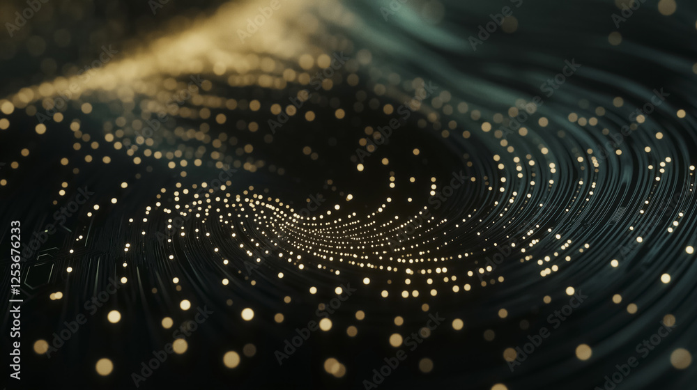 Poster close up of digital dot cascade forming intricate patterns, creating mesmerizing flow of light and e