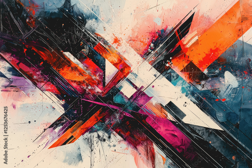 Poster abstract painting featuring vibrant colorful paint strokes in dynamic patterns on canvas