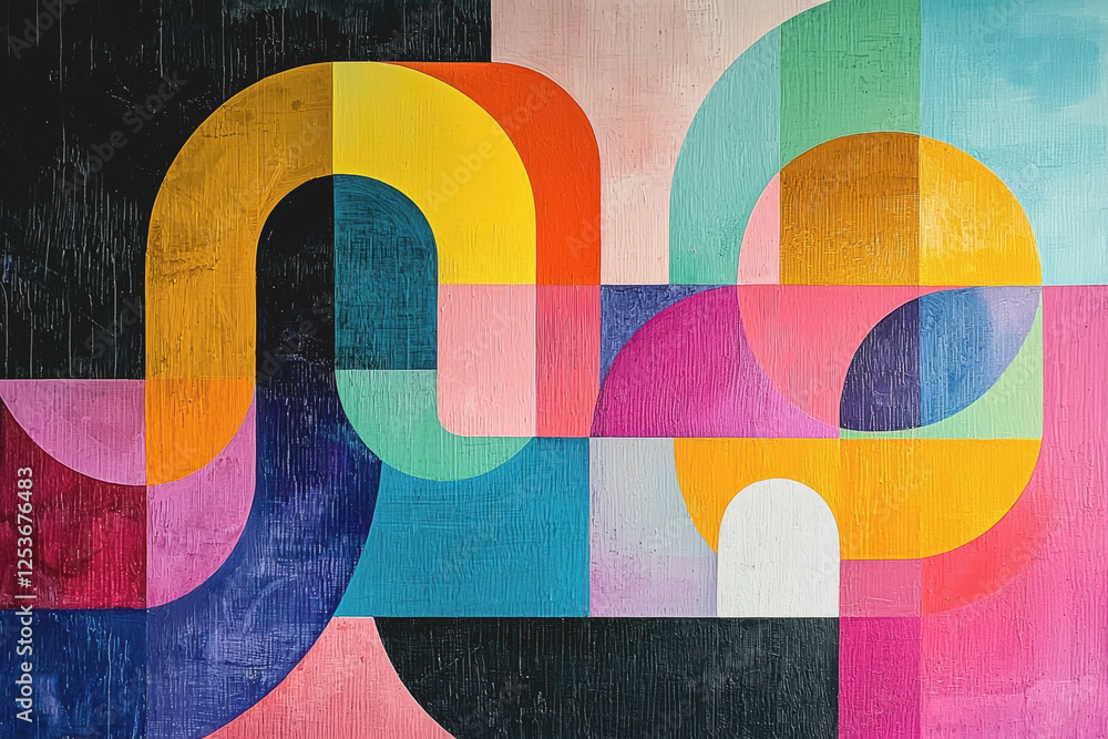 Poster colorful abstract painting featuring various geometric shapes and patterns on a textured canvas back