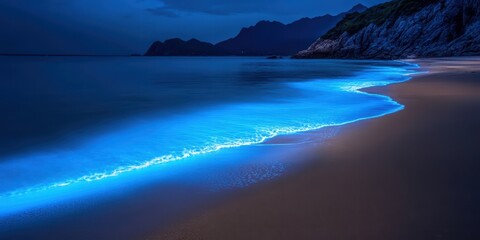 Fototapeta premium Nighttime Beach Scene with Bioluminescent Waves and Mountain View
