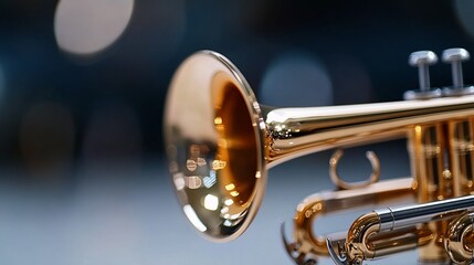 Fototapeta premium Close-up of a Golden Trumpet, Musical Instrument, Brass, Melody, Harmony, Jazz, Concert, Orchestra, Performance, Sound, Music, Note, Rhythm, Tune, Song, Instrument,