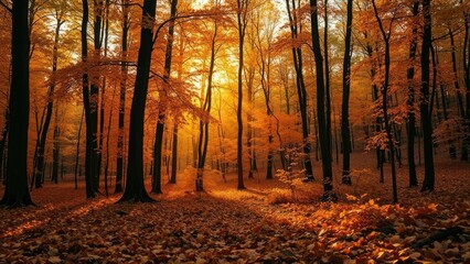 Amber hues scatter across the forest floor softly, foliage, forest